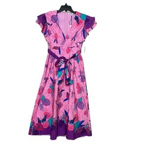 Celina Moon Women Sz S Meaghan Midi Dress Pink Short Ruffle Sleeve Cotton Poplin